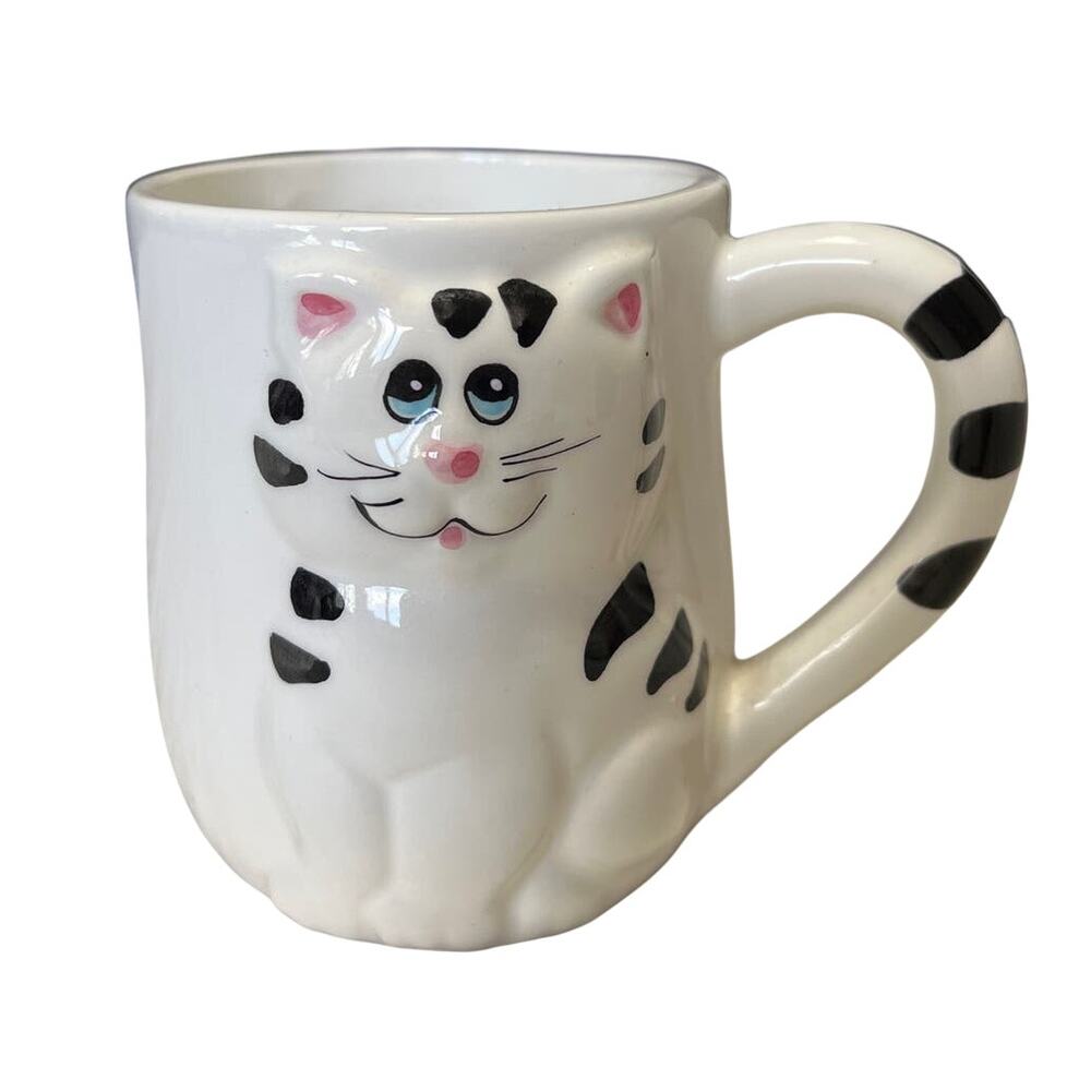 Vintage Lefton 3D Striped Tabby Kitty Cat Coffee Cup Mug Black White Cute